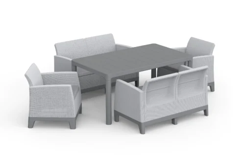 Zestaw mebli ogrodowych SCANDI DINING FIESTA Keter w kolorze Ash Grey-Storm Grey z jasnoszarymi poduszkami Zestaw mebli ogrodowych SCANDI DINING FIESTA Keter w kolorze Ash Grey-Storm Grey z jasnoszarymi poduszkami
