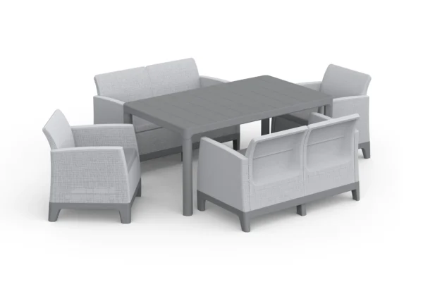 Zestaw mebli ogrodowych SCANDI DINING FIESTA Keter w kolorze Ash Grey-Storm Grey z jasnoszarymi poduszkami Zestaw mebli ogrodowych SCANDI DINING FIESTA Keter w kolorze Ash Grey-Storm Grey z jasnoszarymi poduszkami