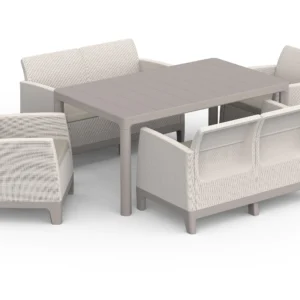 Zestaw mebli ogrodowych Keter SCANDI DINING FIESTA w kolorze Pebble Grey i Soft Beige z czterema fotelami i stołem