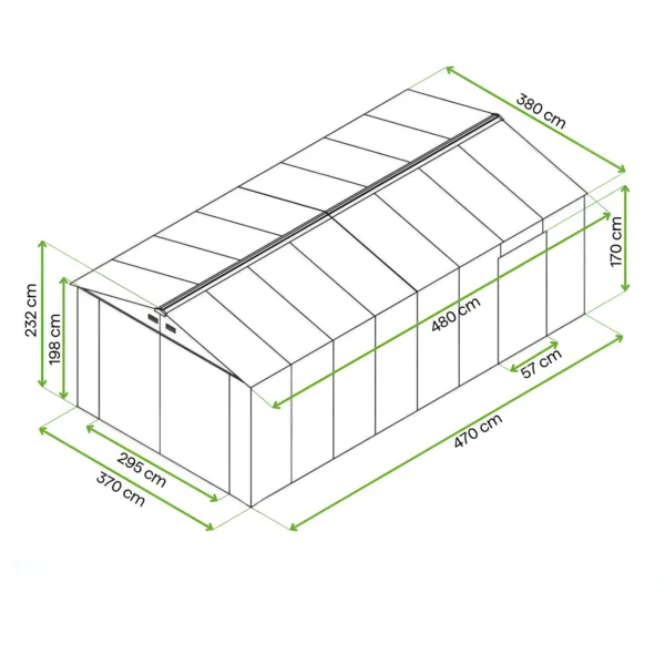Metalowy garaż Kingston 380x480 Cold Grey – HARDMAISTER — wymiary produktu Metalowy garaż Kingston 380x480 Cold Grey – HARDMAISTER — wymiary produktu