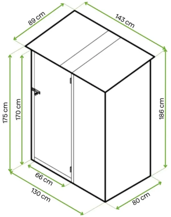 Szopa ogrodowa KENT 143x89cm Cold Grey – HARDMAISTER — wymiary produktu Szopa ogrodowa KENT 143x89cm Cold Grey – HARDMAISTER — wymiary produktu