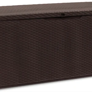 Brązowa skrzynia na balkon Keter Capri Rattan Box 305L z tworzywa sztucznego o fakturze imitującej rattan z uchwytami Brązowa skrzynia na balkon Keter Capri Rattan Box 305L z tworzywa sztucznego o fakturze imitującej rattan z uchwytami