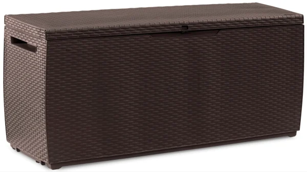 Brązowa skrzynia na balkon Keter Capri Rattan Box 305L z tworzywa sztucznego o fakturze imitującej rattan z uchwytami Brązowa skrzynia na balkon Keter Capri Rattan Box 305L z tworzywa sztucznego o fakturze imitującej rattan z uchwytami
