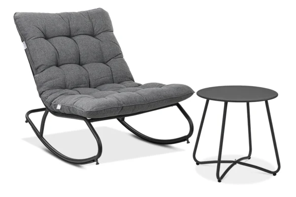 Fotel bujany ogrodowy AGAVA z stolikiem ART Dark Grey piękne szare poduszki i czarna metalowa rama