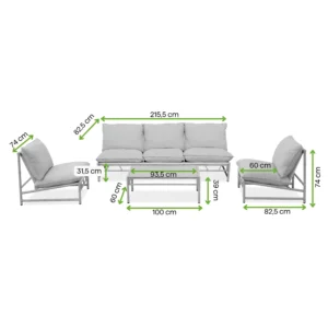Komplet mebli ogrodowych MAKANI CAFFE MAX Grey/Beige – Bjørkka — wymiary produktu Komplet mebli ogrodowych MAKANI CAFFE MAX Grey/Beige – Bjørkka — wymiary produktu
