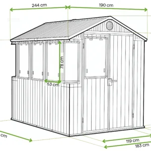 Domek narzędziowy ze szklarnią 2w1 POTTING SHED 6x8 zielony - 190x244cm – Keter — wymiary produktu
