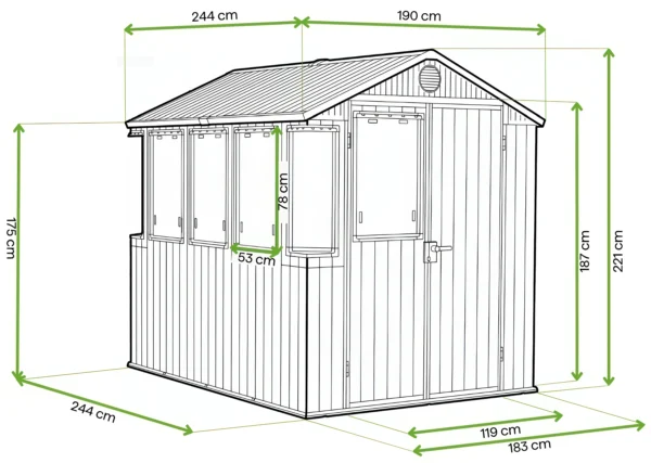 Domek narzędziowy ze szklarnią 2w1 POTTING SHED 6x8 zielony - 190x244cm – Keter — wymiary produktu
