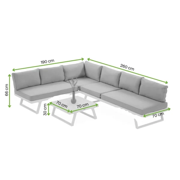 Narożnik modułowy aluminiowy MIDWAY White – Bjørkka — wymiary produktu