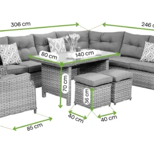 Narożnik z technorattanu TRIVENTO DINING Melange – Bjørkka — wymiary produktu Narożnik z technorattanu TRIVENTO DINING Melange – Bjørkka — wymiary produktu