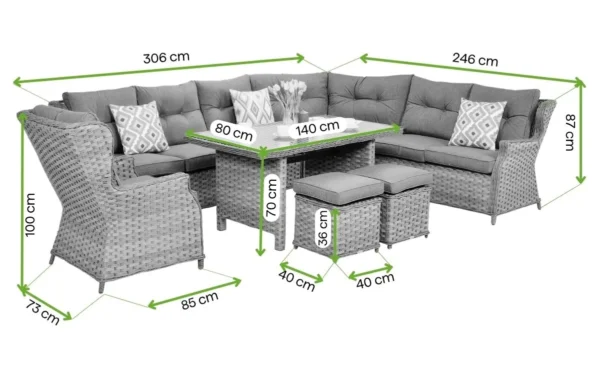 Narożnik z technorattanu TRIVENTO DINING Melange – Bjørkka — wymiary produktu Narożnik z technorattanu TRIVENTO DINING Melange – Bjørkka — wymiary produktu