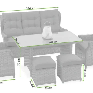 Meble technorattanowe BALTIMORE DINING + PUFY Melange – Bjørkka — wymiary produktu