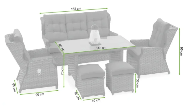 Meble technorattanowe BALTIMORE DINING + PUFY Melange – Bjørkka — wymiary produktu