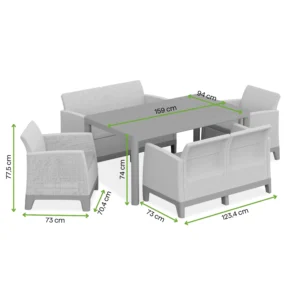 Zestaw mebli ogrodowych dla 6 osób SCANDI DINING FIESTA Grey – Keter — wymiary produktu Zestaw mebli ogrodowych dla 6 osób SCANDI DINING FIESTA Grey – Keter — wymiary produktu
