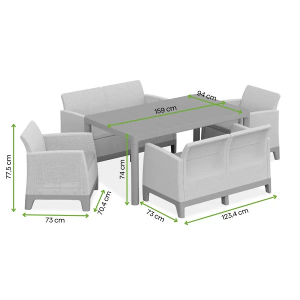 Zestaw mebli ogrodowych dla 6 osób SCANDI DINING FIESTA Grey – Keter — wymiary produktu Zestaw mebli ogrodowych dla 6 osób SCANDI DINING FIESTA Grey – Keter — wymiary produktu