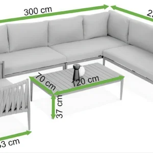 Narożnik ogrodowy aluminiowy MONZA Caffe + fotel Grey – FURRORE — wymiary produktu Narożnik ogrodowy aluminiowy MONZA Caffe + fotel Grey – FURRORE — wymiary produktu