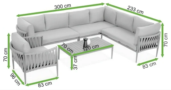 Narożnik ogrodowy aluminiowy MONZA Caffe + fotel Grey – FURRORE — wymiary produktu Narożnik ogrodowy aluminiowy MONZA Caffe + fotel Grey – FURRORE — wymiary produktu