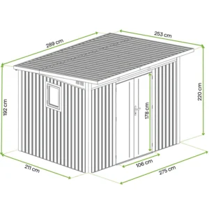 Domek narzędziowy PORTLAND 289 x 253cm Grey Aluminium – Hardmaister — wymiary produktu Domek narzędziowy PORTLAND 289 x 253cm Grey Aluminium – Hardmaister — wymiary produktu