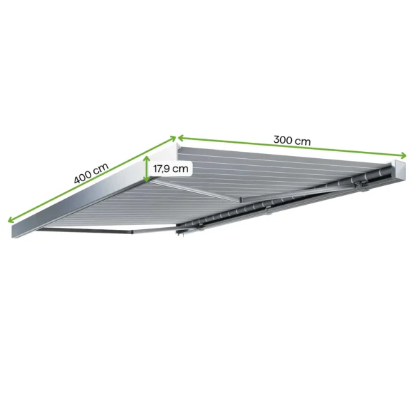 Markiza tarasowa PRIME AUTOMATIC 400x300 GREY/WHITE z oświetleniem LED i czujnikiem wiatru/słońca – Gutroof — wymiary produktu Markiza tarasowa PRIME AUTOMATIC 400x300 GREY/WHITE z oświetleniem LED i czujnikiem wiatru/słońca – Gutroof — wymiary produktu
