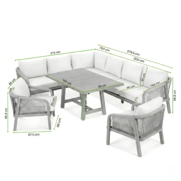 Narożnik ogrodowy z drewna akacjowego MARIGOLD dining – FURRORE — wymiary produktu Narożnik ogrodowy z drewna akacjowego MARIGOLD dining – FURRORE — wymiary produktu