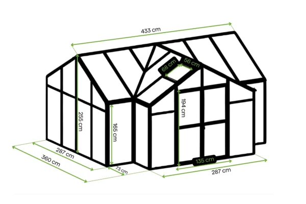Ogród zimowy TRIBECA Black 433x360cm PC + Glass – Gutroof — wymiary produktu