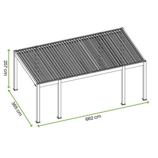 Pergola tarasowa REFERENCE AUTOMATIC 3.6x6.57 z oświetleniem LED Anthracite – Gutroof — wymiary produktu