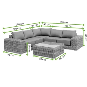 Narożnik technorattanowy VEGA CAFFE Light Grey – FURRORE — wymiary produktu Narożnik technorattanowy VEGA CAFFE Light Grey – FURRORE — wymiary produktu