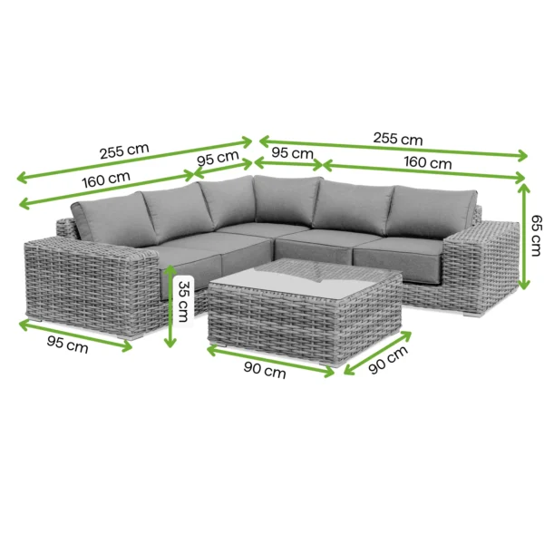 Narożnik technorattanowy VEGA CAFFE Light Grey – FURRORE — wymiary produktu Narożnik technorattanowy VEGA CAFFE Light Grey – FURRORE — wymiary produktu