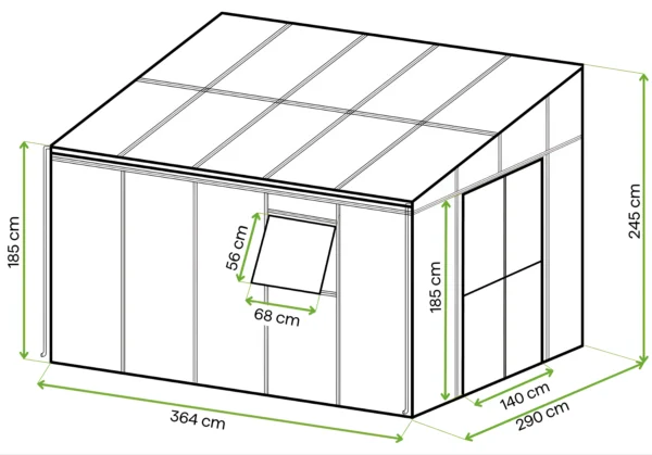 Ogród zimowy SOHO Black 364x290cm PC + Glass – Gutroof — wymiary produktu