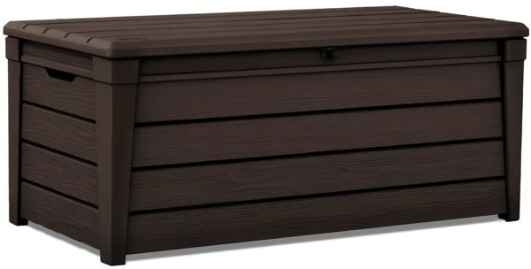 Brązowa skrzynia ogrodowa i siedzisko 2w1 Keter BRIGHTWOOD BOX o pojemności 455l