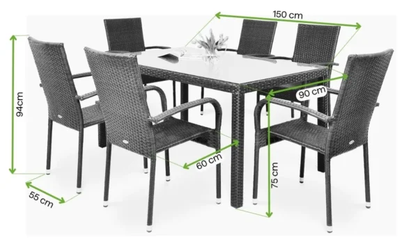 Meble technorattanowe FIESTA/VENECJA 6+1 Brown – Bjørkka — wymiary produktu