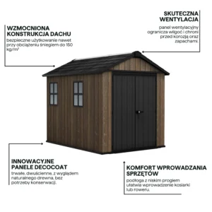 Drewnopodobny domek narzędziowy Keter DECO APEX 759/975 orzechowy z oknem i czarnymi drzwiami Drewnopodobny domek narzędziowy Keter DECO APEX 759/975 orzechowy z oknem i czarnymi drzwiami