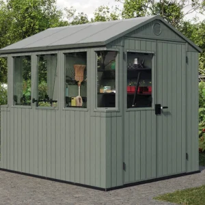 Aranżacja zielonego domku narzędziowego z szklarnią potting shed 6x8