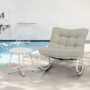 Fotel bujany tarasowy AGAVA z stolikem ART Light Beige - aranzacja na tarasie, basen po lewej stronie, jasne podłoże