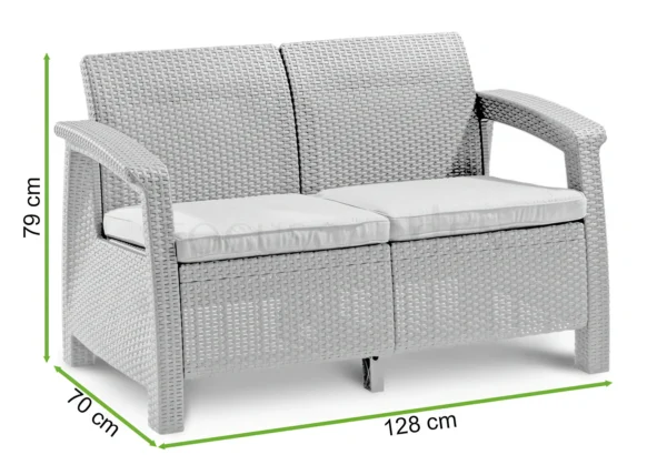 Sofa ogrodowa CORFU LOVE SEAT Brown – Keter — wymiary produktu Sofa ogrodowa CORFU LOVE SEAT Brown – Keter — wymiary produktu