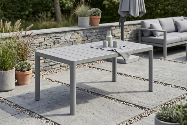 Stół ogrodowy SCANDI DINING Storm grey Keter ustawiony na tarasie z kamiennym murem w tle Stół ogrodowy SCANDI DINING Storm grey Keter ustawiony na tarasie z kamiennym murem w tle