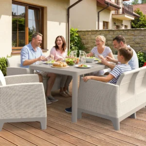 Zestaw mebli ogrodowych Keter SCANDI DINING FIESTA Pebble Grey-Soft Beige Oat z rodziną przy stole
