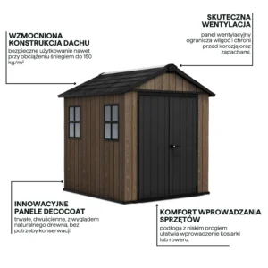 Domek narzędziowy Keter DECO APEX 757/775 w kolorze brązowym z czarnymi drzwiami i oknami Domek narzędziowy Keter DECO APEX 757/775 w kolorze brązowym z czarnymi drzwiami i oknami