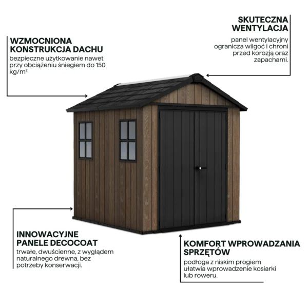 Domek narzędziowy Keter DECO APEX 757/775 w kolorze brązowym z czarnymi drzwiami i oknami Domek narzędziowy Keter DECO APEX 757/775 w kolorze brązowym z czarnymi drzwiami i oknami