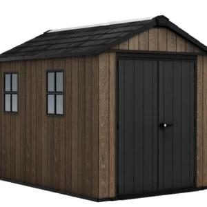 Domek narzędziowy Keter DECO APEX 759/975 w kolorze orzechowym z dwoma oknami i czarnymi drzwiami Domek narzędziowy Keter DECO APEX 759/975 w kolorze orzechowym z dwoma oknami i czarnymi drzwiami