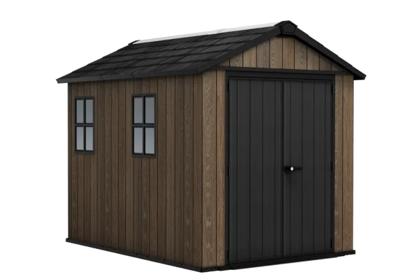 Domek narzędziowy Keter DECO APEX 759/975 w kolorze orzechowym z dwoma oknami i czarnymi drzwiami Domek narzędziowy Keter DECO APEX 759/975 w kolorze orzechowym z dwoma oknami i czarnymi drzwiami