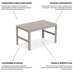 Grafika z cechami produktu dwupozycyjny stół LYON REZOLITH Soft Beige Keter w kolorze beżowym Grafika z cechami produktu dwupozycyjny stół LYON REZOLITH Soft Beige Keter w kolorze beżowym