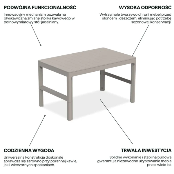Grafika z cechami produktu dwupozycyjny stół LYON REZOLITH Soft Beige Keter w kolorze beżowym Grafika z cechami produktu dwupozycyjny stół LYON REZOLITH Soft Beige Keter w kolorze beżowym