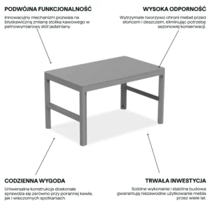 Stół ogrodowy dwupozycyjny Keter Lyon Rezolith Storm grey na grafice z cechami produktu