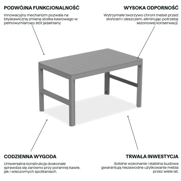 Stół ogrodowy dwupozycyjny Keter Lyon Rezolith Storm grey na grafice z cechami produktu