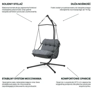 Grafika z cechami produktu fotel wiszący ORINOKO Grey Bjørkka na stelażu z szarymi poduszkami Grafika z cechami produktu fotel wiszący ORINOKO Grey Bjørkka na stelażu z szarymi poduszkami