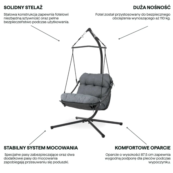 Grafika z cechami produktu fotel wiszący ORINOKO Grey Bjørkka na stelażu z szarymi poduszkami Grafika z cechami produktu fotel wiszący ORINOKO Grey Bjørkka na stelażu z szarymi poduszkami