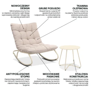 Grafika z najważniejszymi cechami fotela bujanego tarasowego AGAVA z stolikem ART Light Beige - Focus Garden