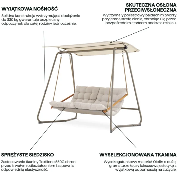 Grafika z cechami produktu przedstawiająca huśtawkę ogrodową ORTA Beige Bjørkka z beżowym daszkiem i poduszkami Grafika z cechami produktu przedstawiająca huśtawkę ogrodową ORTA Beige Bjørkka z beżowym daszkiem i poduszkami