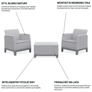 Zestaw mebli balkonowych Keter Scandi Forma z fotelem i stolikiem w kolorze Ash Grey-Storm Grey