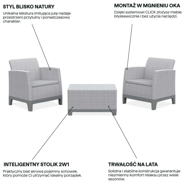 Zestaw mebli balkonowych Keter Scandi Forma z fotelem i stolikiem w kolorze Ash Grey-Storm Grey
